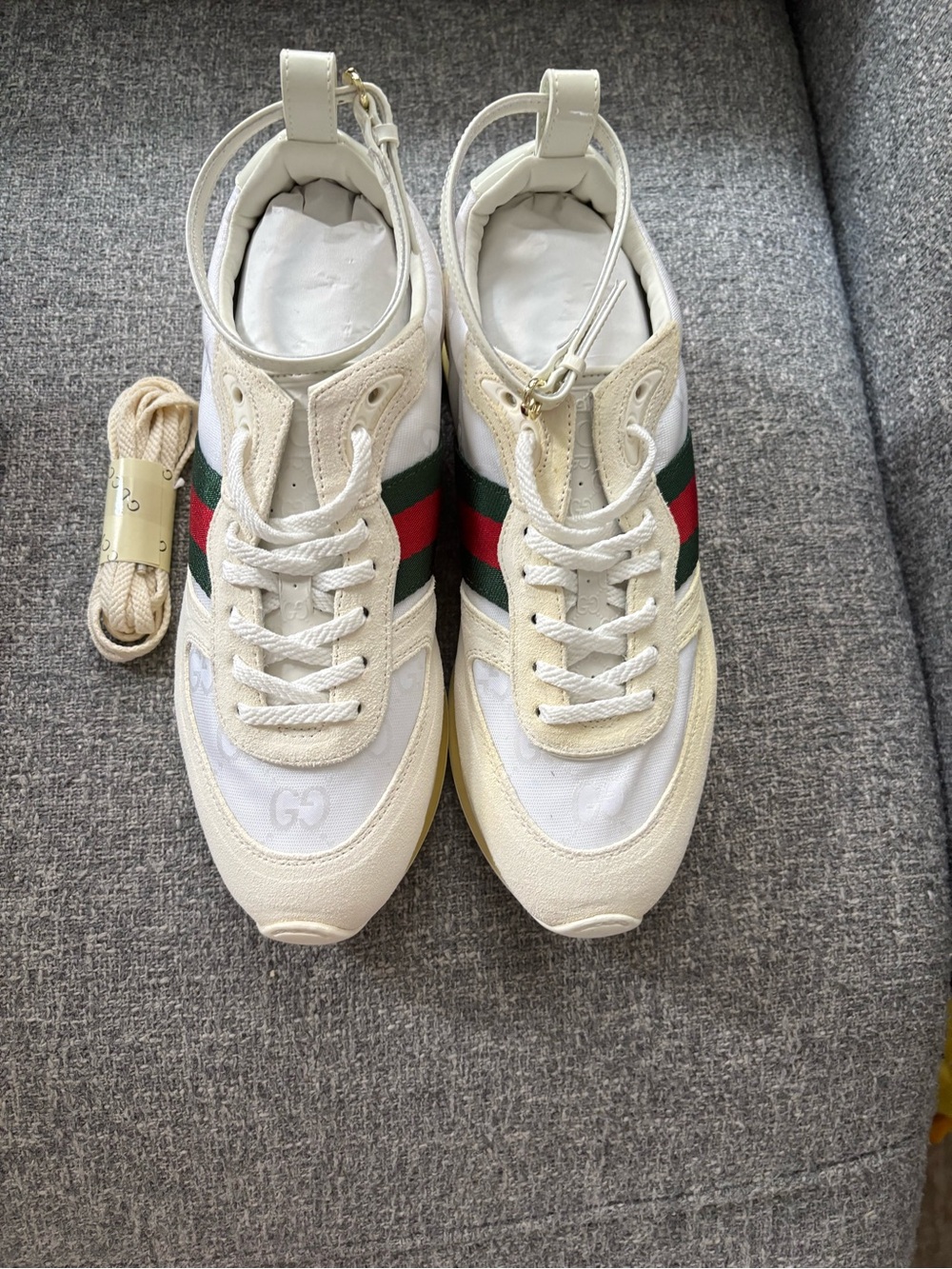 Gucci Off-White Leather & Canvas Sneakers with Green and Red Web